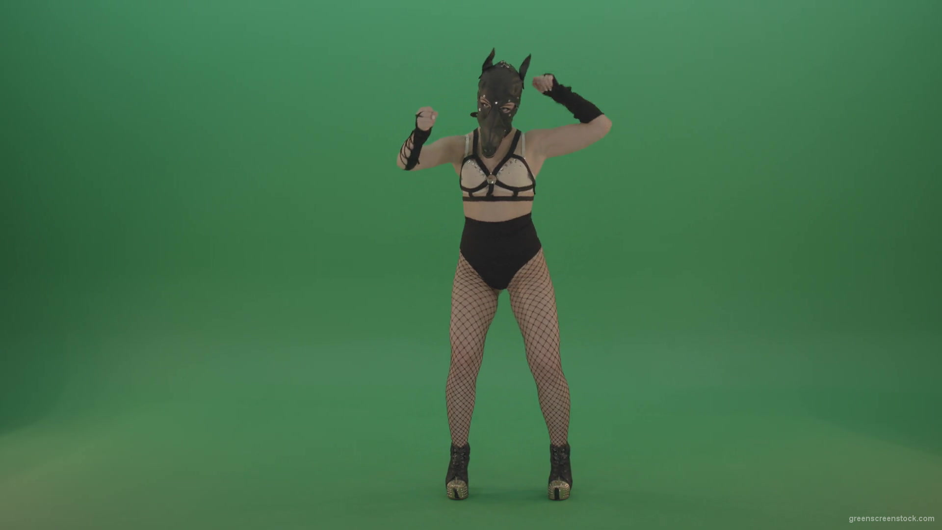Girl-in-wolf-fetish-mask-sit-down-and-stand-up-making-hand-beat-on-green-screen-1920_006 Green Screen Stock