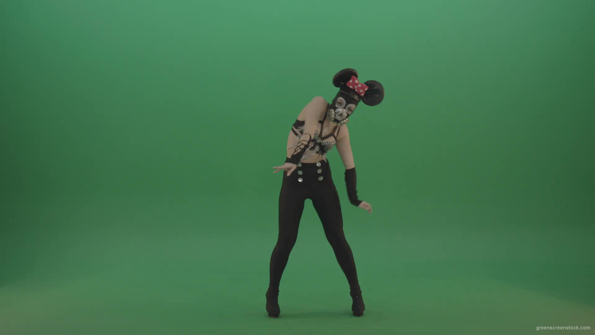 Girl-quickly-dances-in-the-style-of-Mickey-Mouse-on-the-sides-of-a-sexy-costume-on-green-screen-1920_001 Green Screen Stock