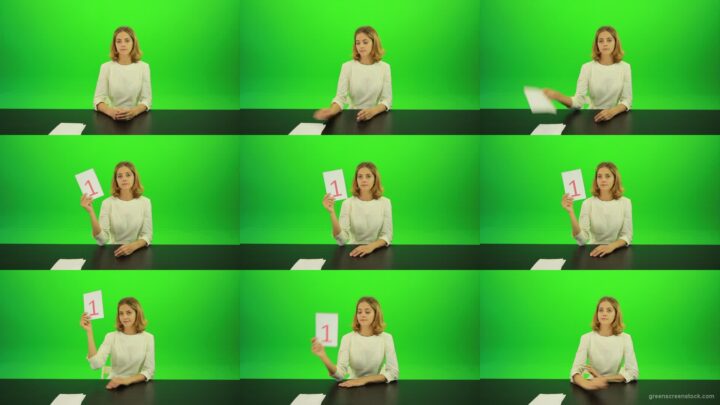 Blonde-girl-adult-gives-1-one-point-mark-score-Full-HD-Green-Screen-Video-Footage Green Screen Stock