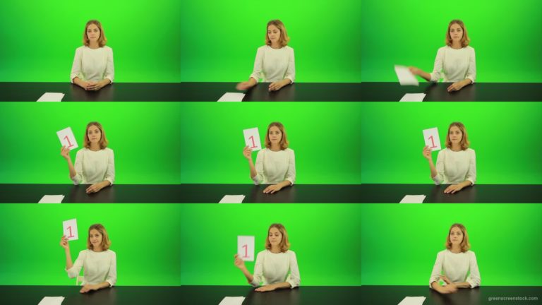 Blonde-girl-adult-gives-1-one-point-mark-score-Full-HD-Green-Screen-Video-Footage Green Screen Stock