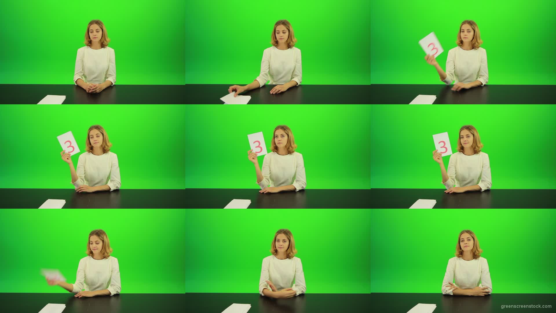 Blonde-hair-girl-in-white-shirt-give-3-point-mark-score-Full-HD-Green-Screen-Video-Footage Green Screen Stock
