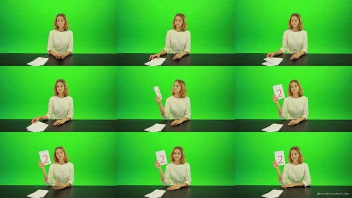 Blonde-shy-jury-gives-two-2-points-mark-Full-HD-Green-Screen-Video-Footage Green Screen Stock