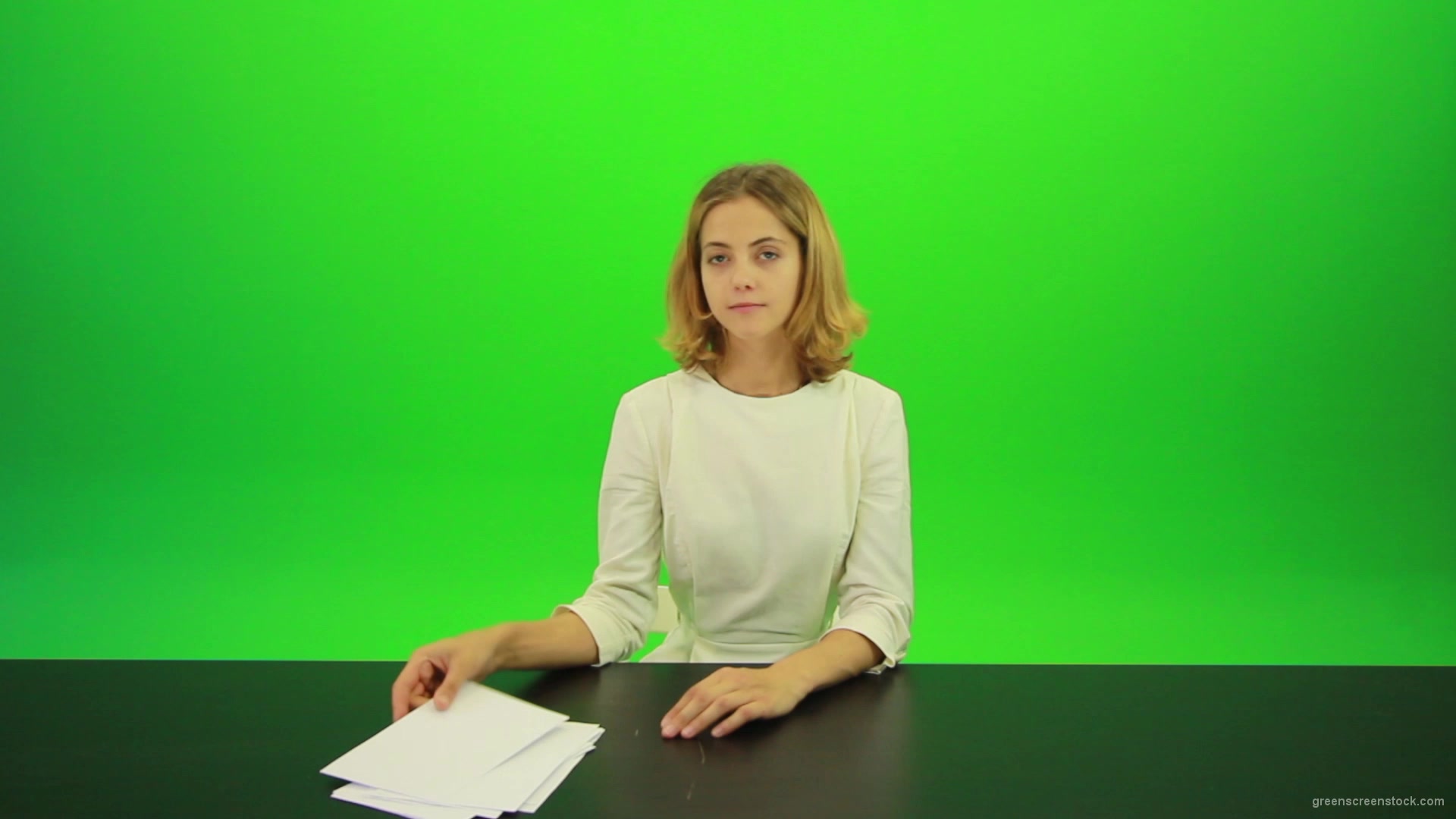 Blonde-shy-jury-gives-two-2-points-mark-Full-HD-Green-Screen-Video-Footage_004 Green Screen Stock