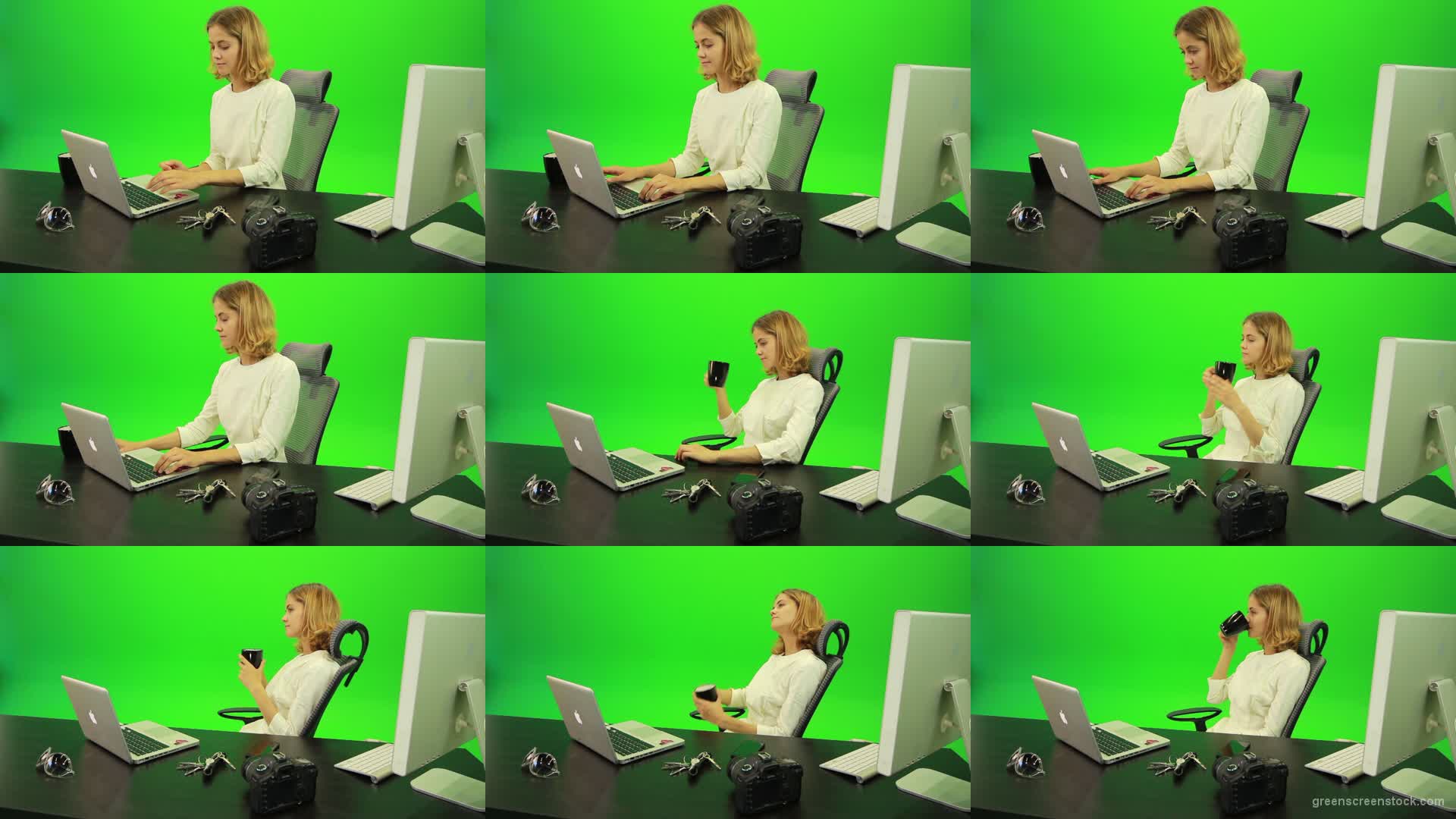 Business-Woman-Relaxing-and-Drinking-Coffee-after-Hard-Work-Green-Screen-Footage Green Screen Stock