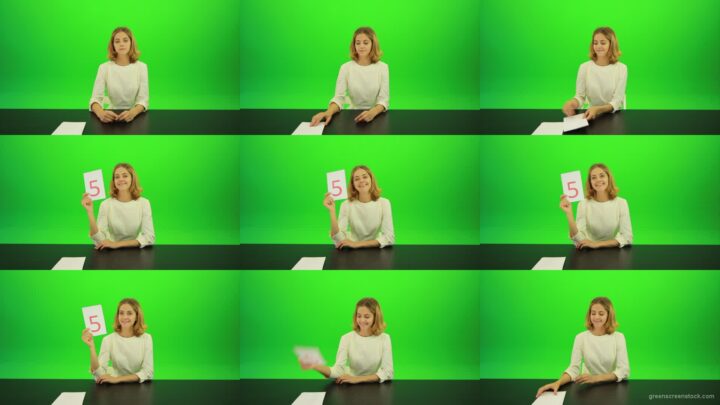 Happy-smiling-jury-girl-give-high-5-five-points-mark-score-Full-HD-Green-Screen-Video-Footage Green Screen Stock