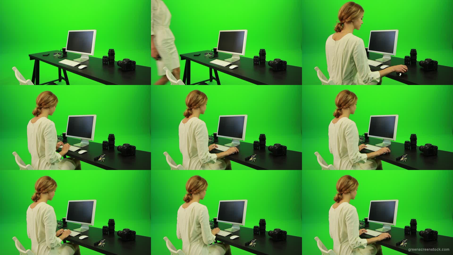 Woman-Sits-Down-and-Works-on-the-Computer-Green-Screen-Footage Green Screen Stock