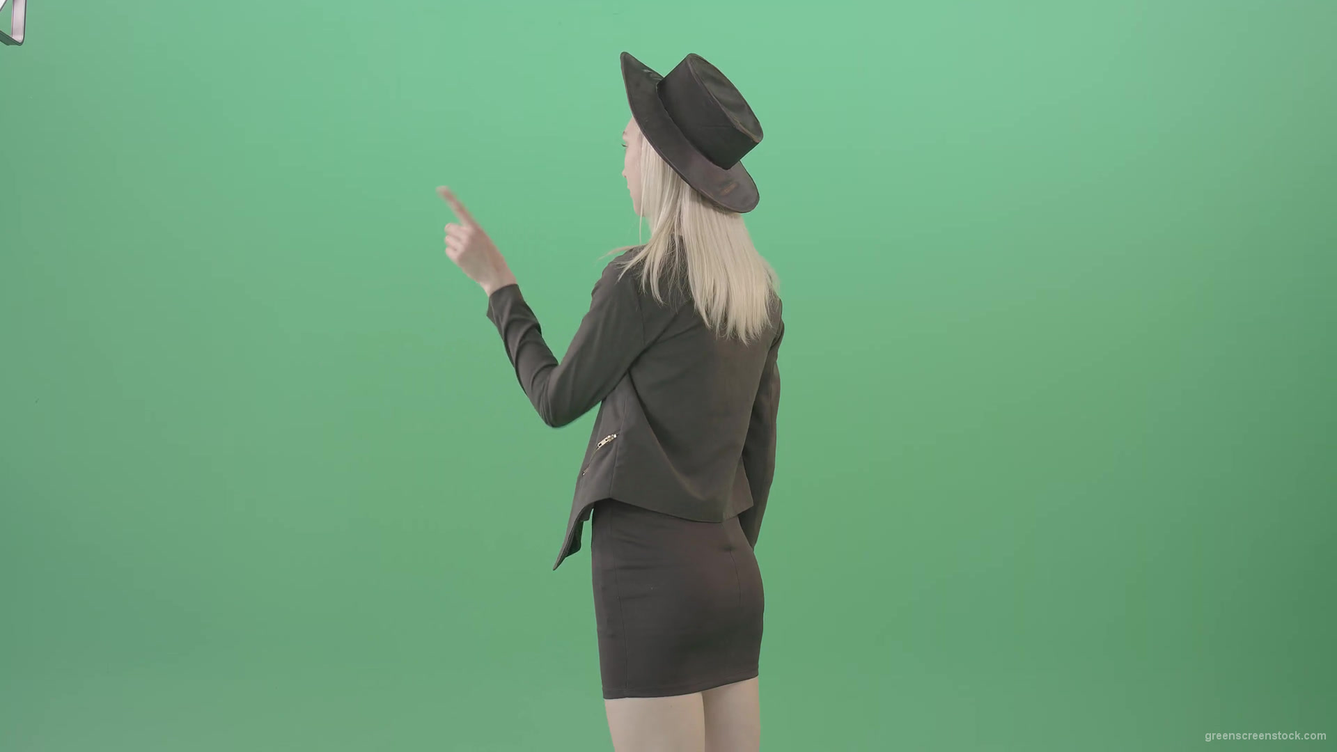 Back-view-black-costume-blonde-girl-looking-virtual-products-on-touch-screen-4K-Green-Screen-Video-Footage-1920_002 Green Screen Stock