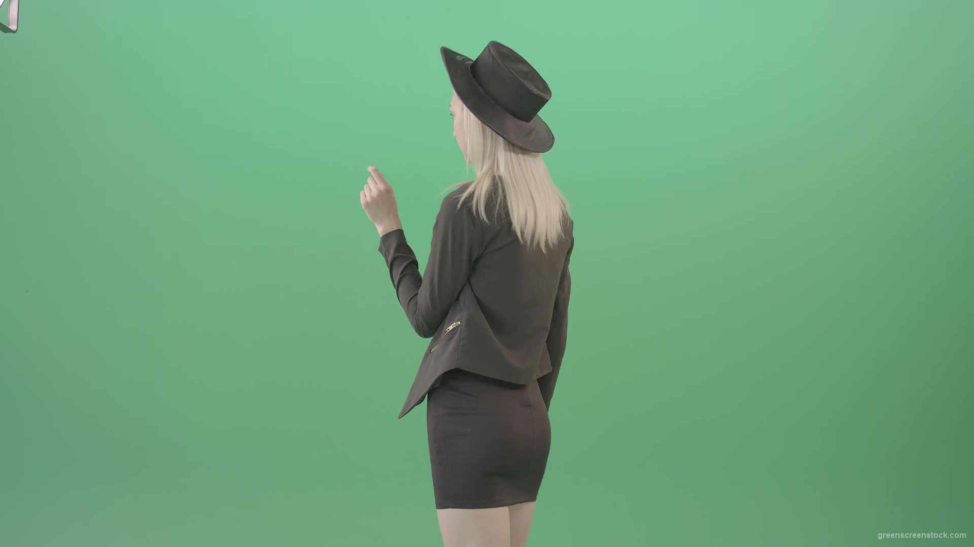 Back-view-black-costume-blonde-girl-looking-virtual-products-on-touch-screen-4K-Green-Screen-Video-Footage-1920_004 Green Screen Stock