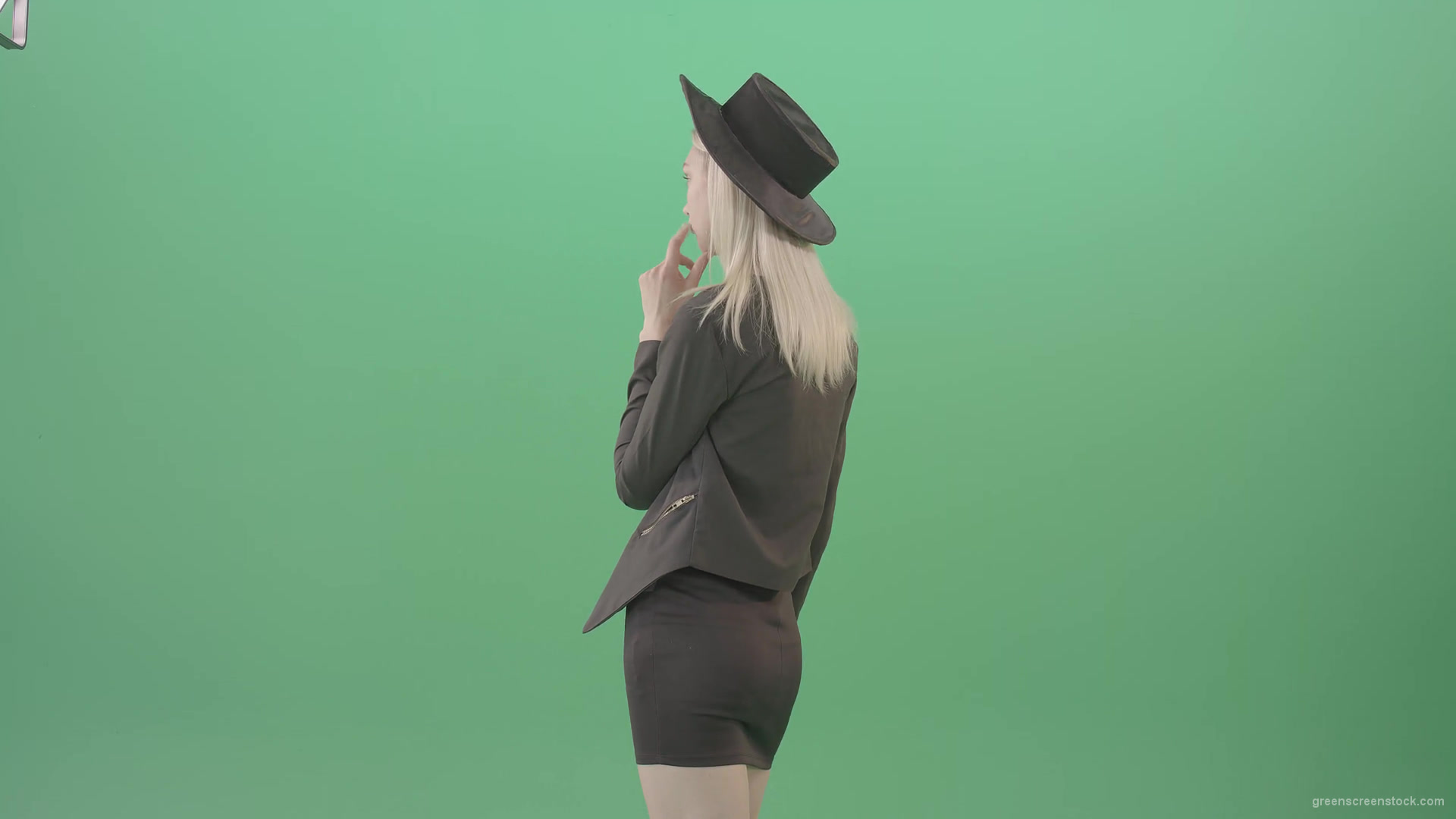 Back-view-black-costume-blonde-girl-looking-virtual-products-on-touch-screen-4K-Green-Screen-Video-Footage-1920_005 Green Screen Stock