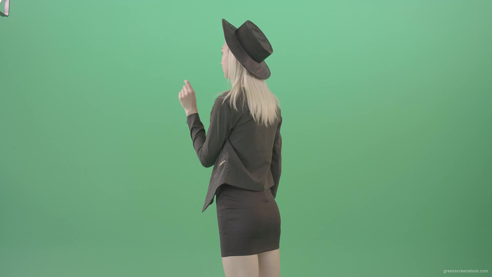 Back-view-black-costume-blonde-girl-looking-virtual-products-on-touch-screen-4K-Green-Screen-Video-Footage-1920_006 Green Screen Stock