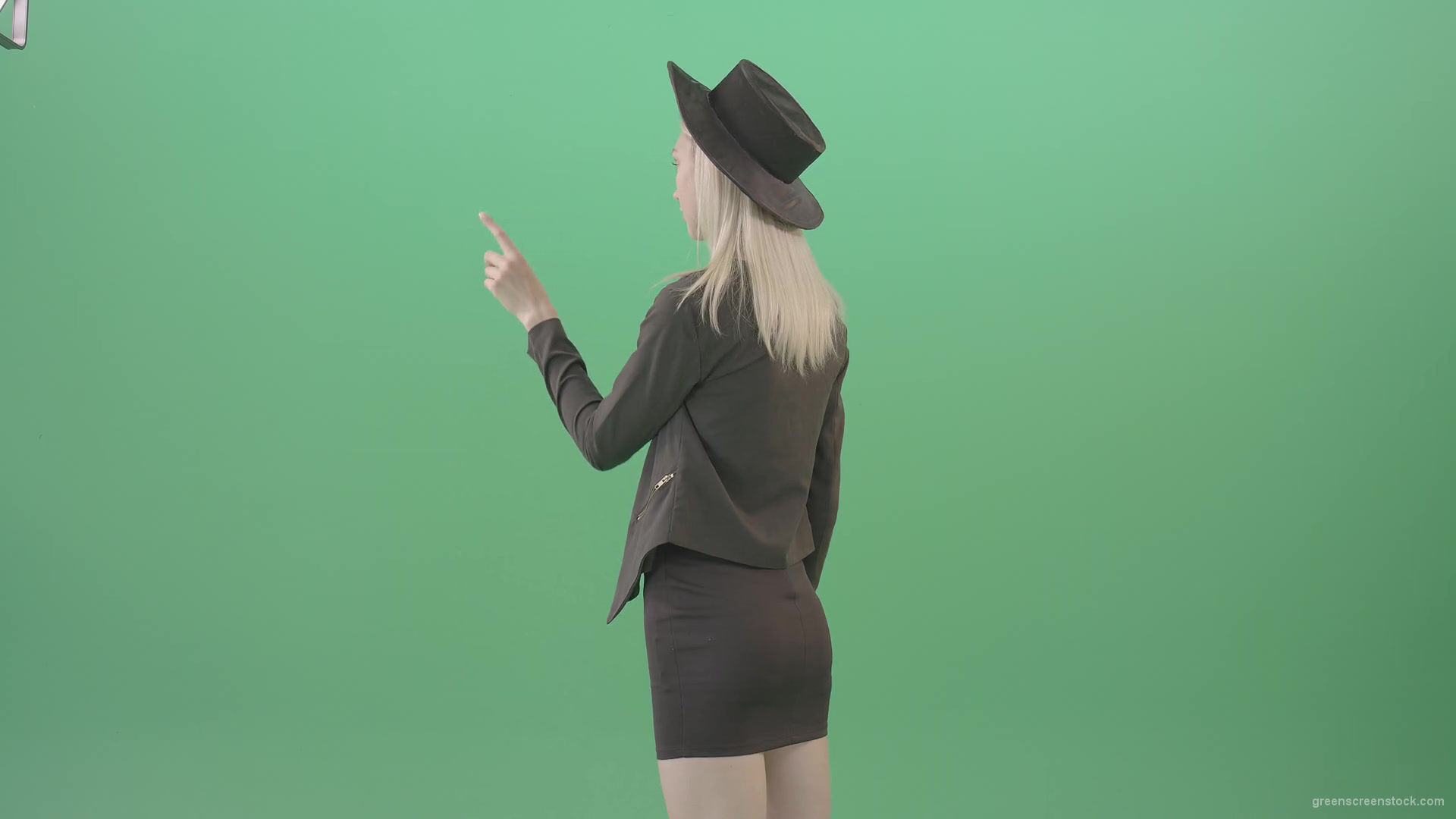 Back-view-black-costume-blonde-girl-looking-virtual-products-on-touch-screen-4K-Green-Screen-Video-Footage-1920_007 Green Screen Stock