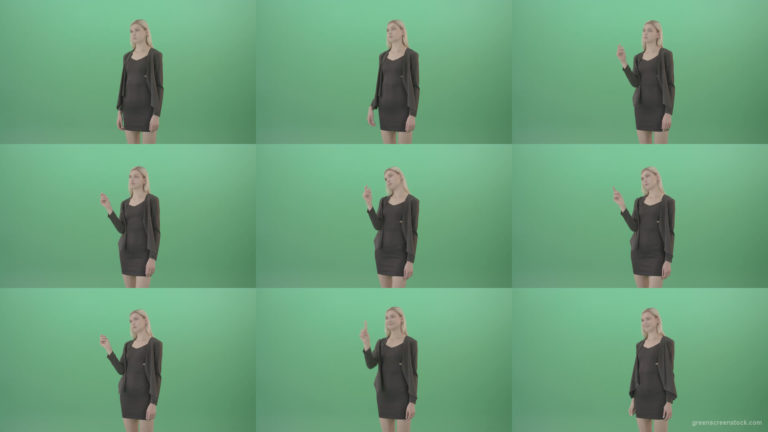 Blonde-girl-in-black-costume-slide-virtual-products-in-touch-display-on-green-screen-4K-Video-Footage-1920 Green Screen Stock