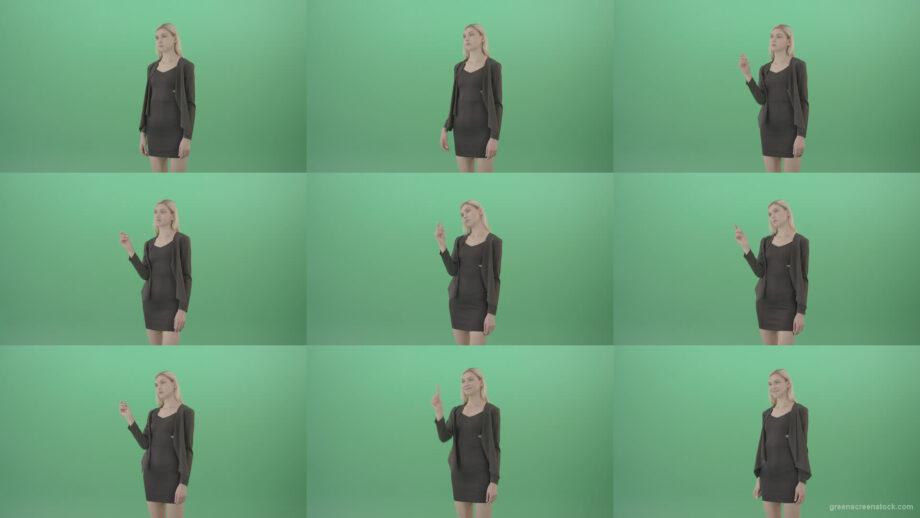 Blonde-girl-in-black-costume-slide-virtual-products-in-touch-display-on-green-screen-4K-Video-Footage-1920 Green Screen Stock
