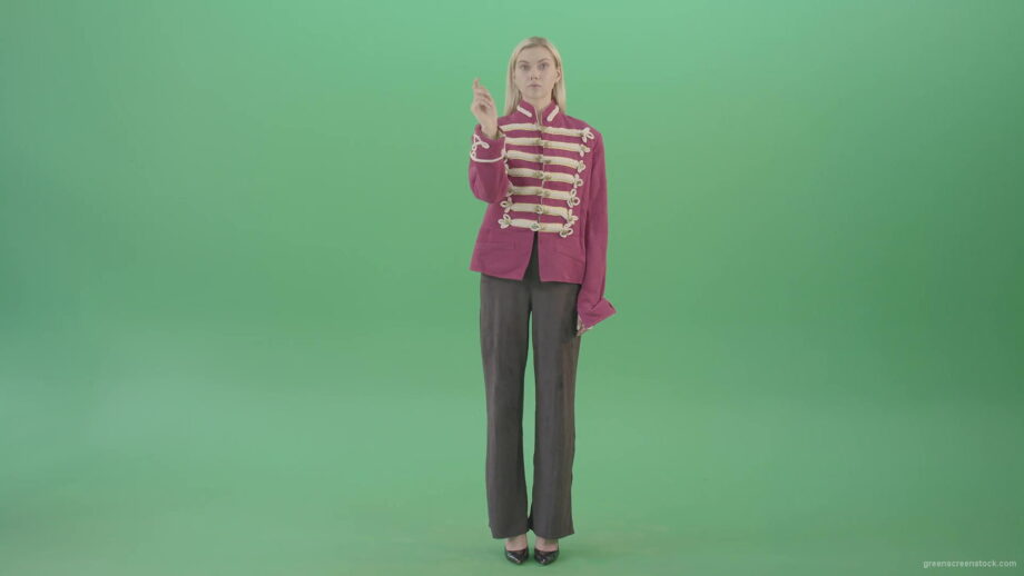 vj video background Blonde-girl-in-officier-army-wear-slide-touch-screen-on-green-background-4K-Video-Footage-1920_003