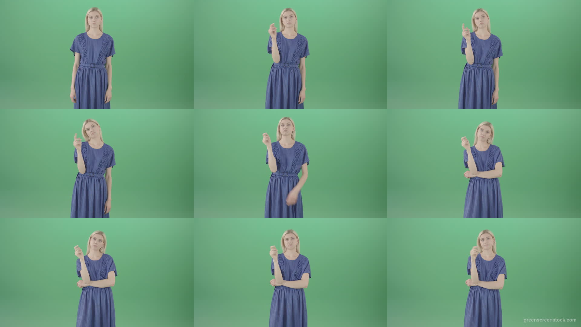 Boring-blonde-girl-in-blue-costume-can-not-find-virtual-products-on-touch-screen-isolated-on-green-background-4K-Video-Footage--1920 Green Screen Stock