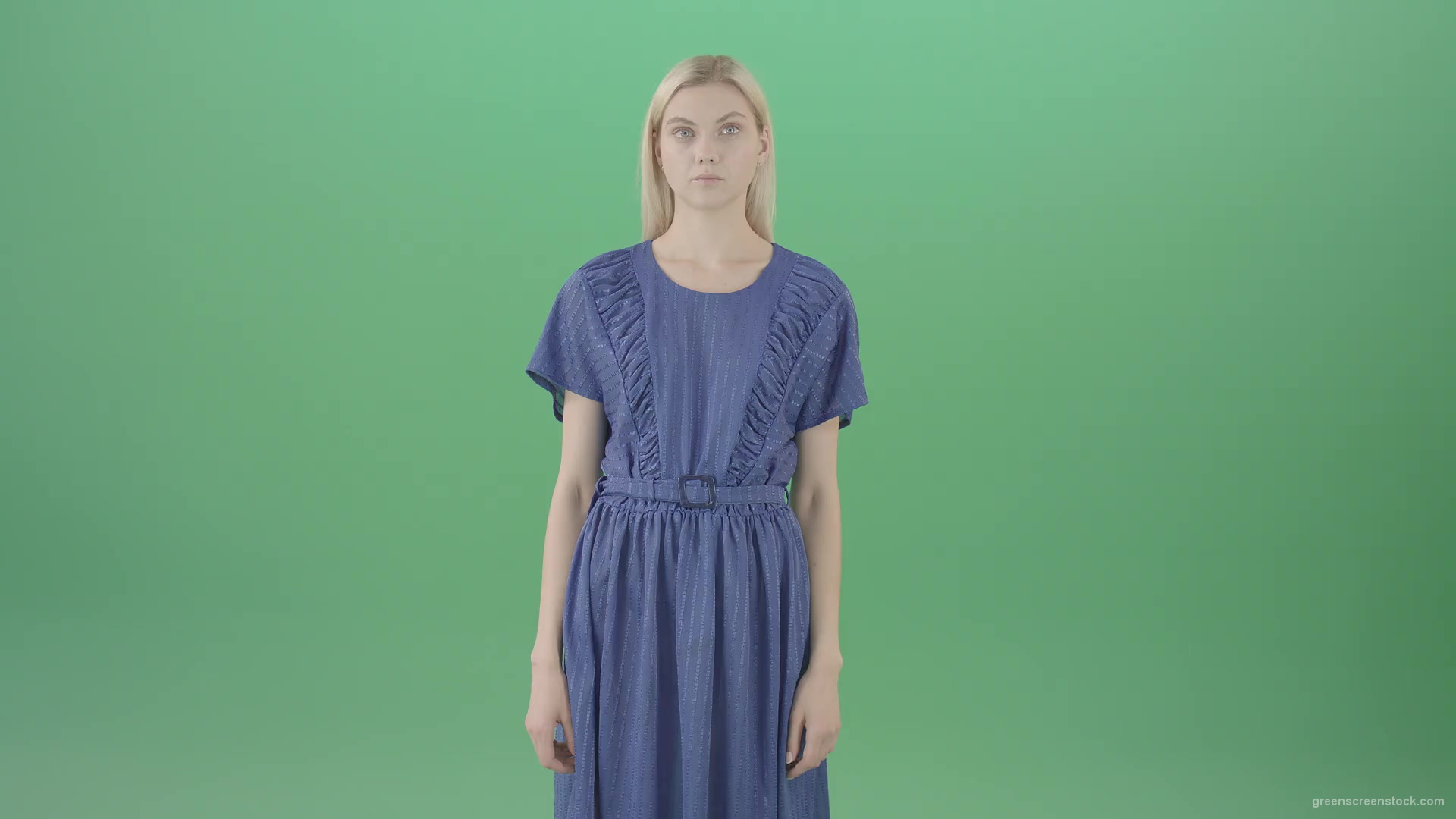 Boring-blonde-girl-in-blue-costume-can-not-find-virtual-products-on-touch-screen-isolated-on-green-background-4K-Video-Footage--1920_001 Green Screen Stock