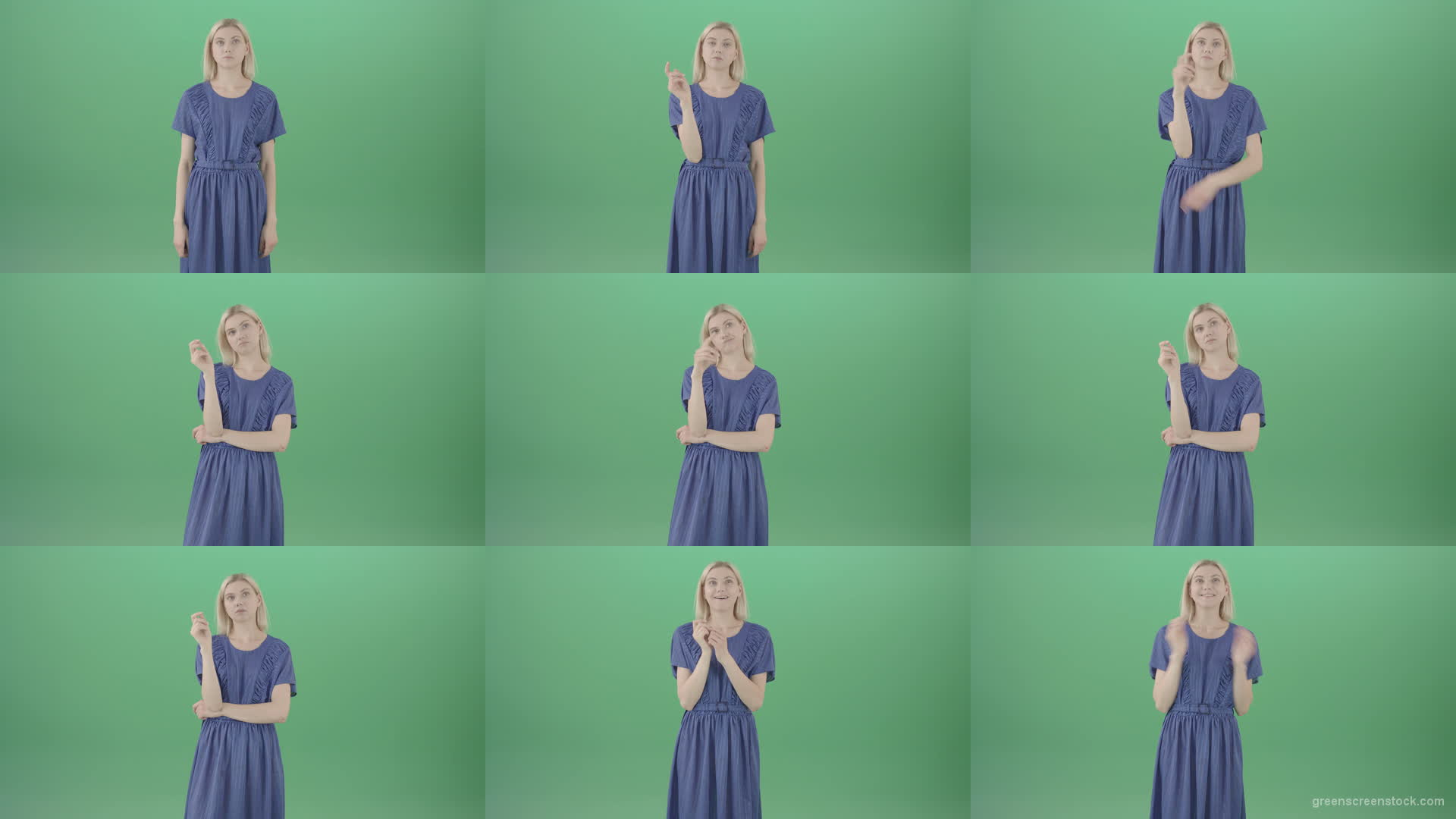 Boring-housewife-in-blue-dress-slide-virtual-products-on-touch-screen-shop-4K-Green-Screen-Video-Footage--1920 Green Screen Stock
