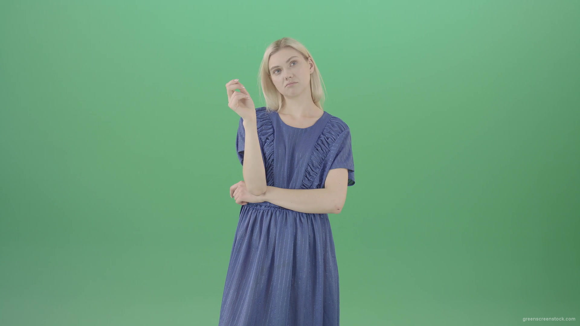 Boring-housewife-in-blue-dress-slide-virtual-products-on-touch-screen-shop-4K-Green-Screen-Video-Footage--1920_004 Green Screen Stock