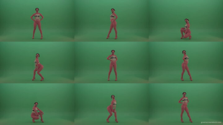 Girl-with-big-black-lipps-and-red-fetish-costume-posing-and-sitting-down-on-green-screen-1920 Green Screen Stock