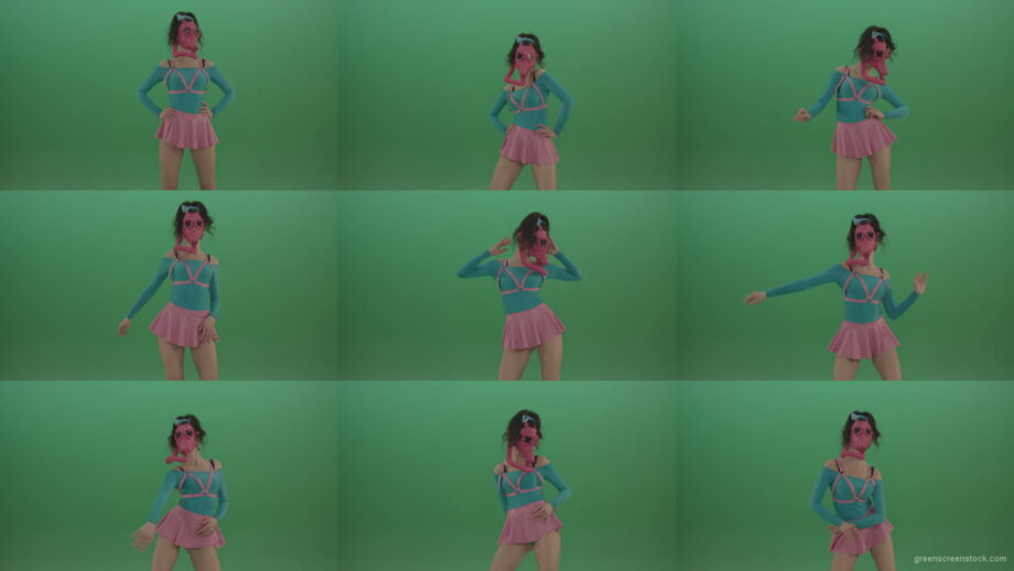 Go-Go-Dancing-Woman-in-Pink-Gas-Mask-sexy-moving-on-green-screen-4K-Video-Footage-1920 Green Screen Stock