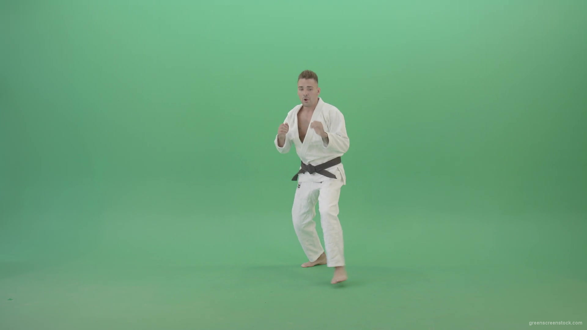 Karate-man-fight-front-vie-kick-punch-isolated-on-green-screen-4K-Video-Footage-1920_002 Green Screen Stock
