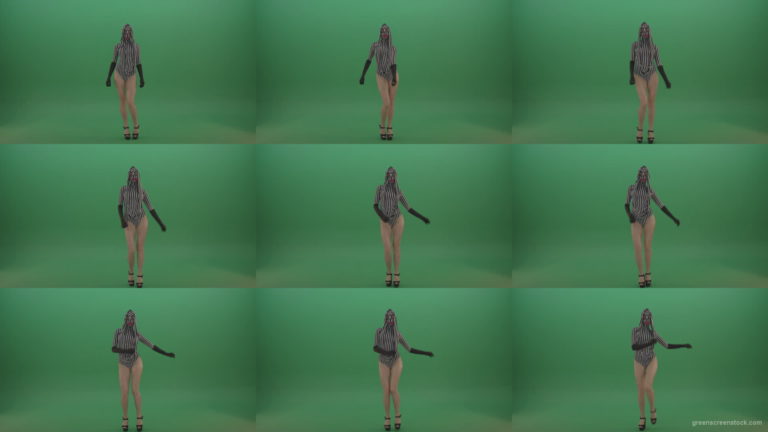 Long-legs-girl-march-in-white-black-stripe-costume-and-mask-on-green-screen-1920 Green Screen Stock