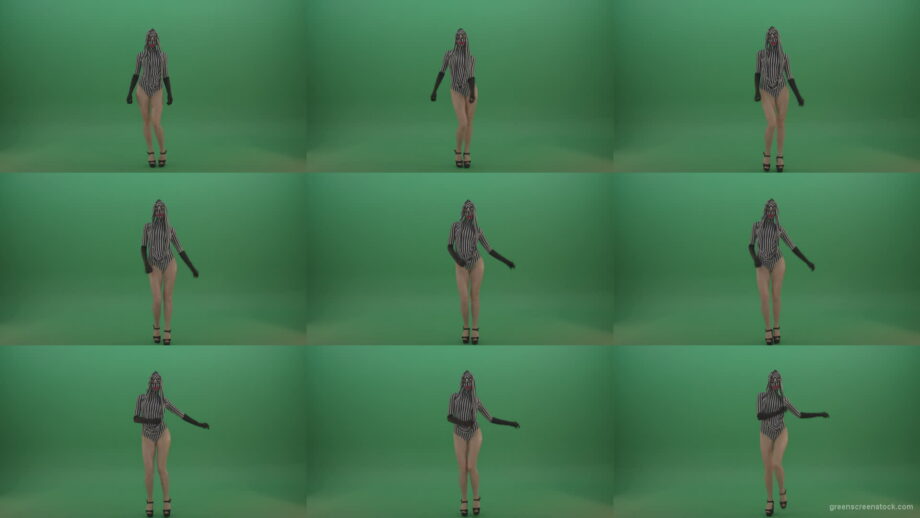 Long-legs-girl-march-in-white-black-stripe-costume-and-mask-on-green-screen-1920 Green Screen Stock