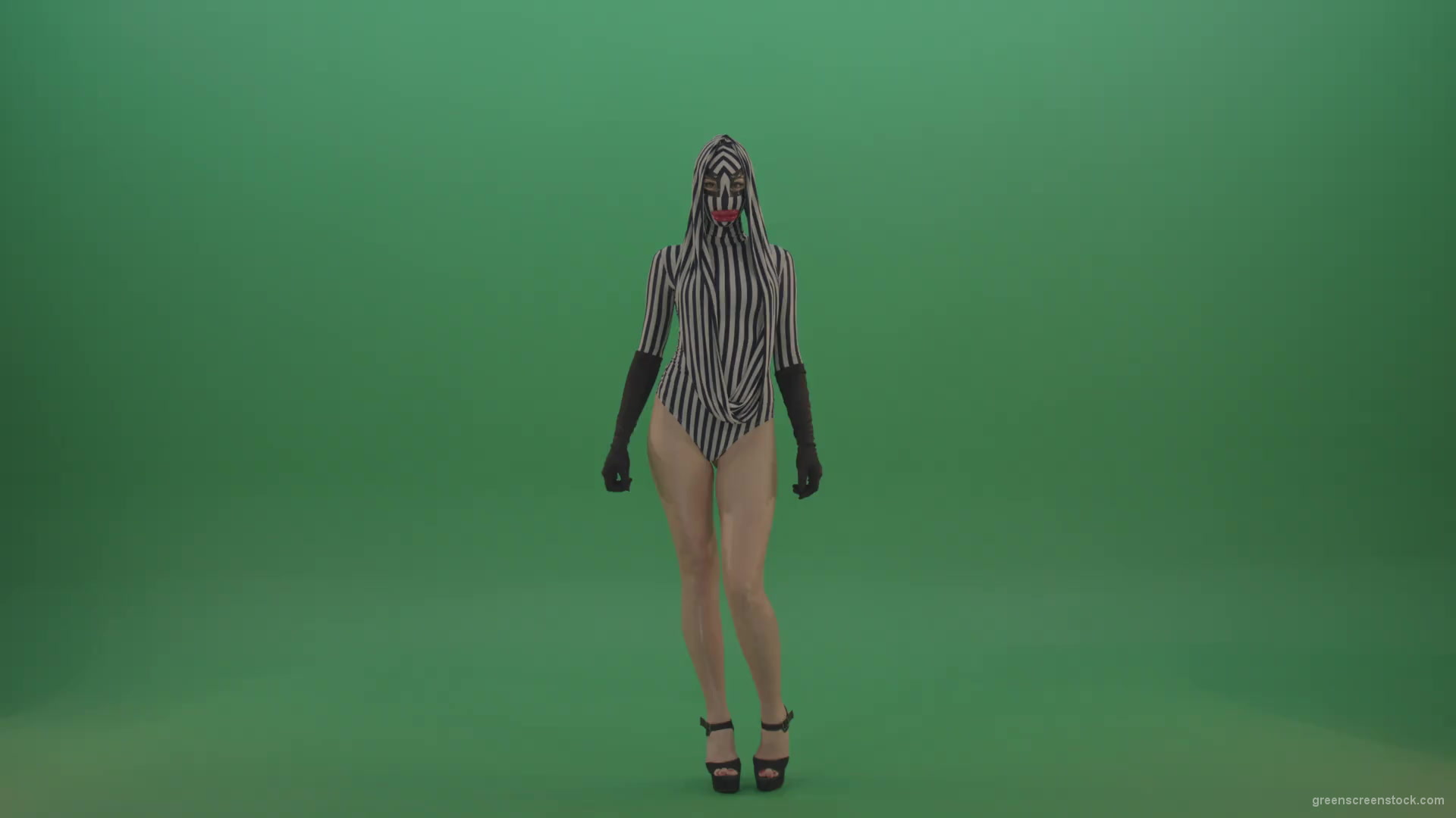 Long-legs-girl-march-in-white-black-stripe-costume-and-mask-on-green-screen-1920_001 Green Screen Stock