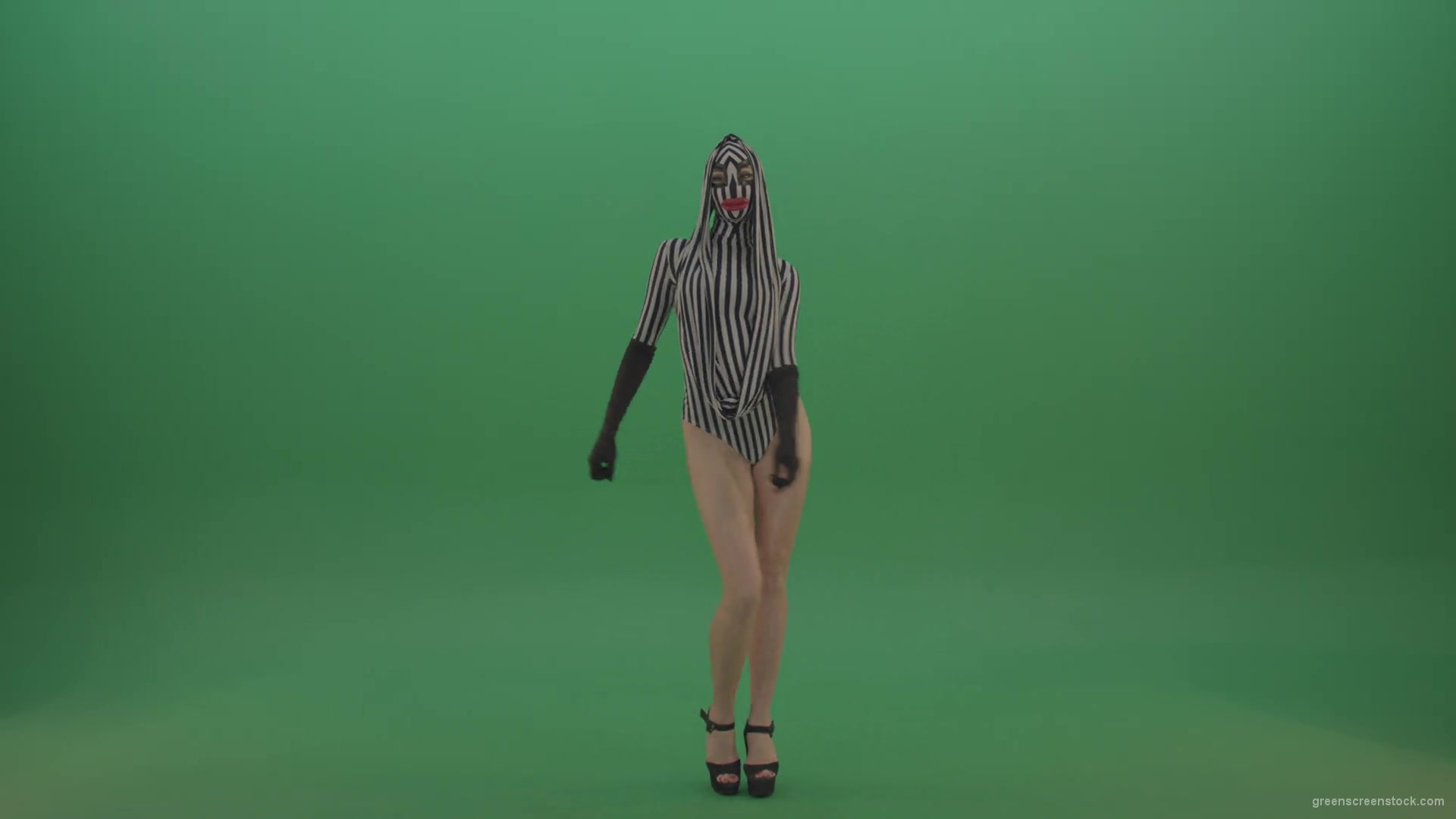 Long-legs-girl-march-in-white-black-stripe-costume-and-mask-on-green-screen-1920_002 Green Screen Stock
