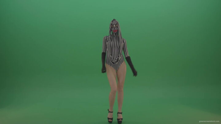 vj video background Long-legs-girl-march-in-white-black-stripe-costume-and-mask-on-green-screen-1920_003