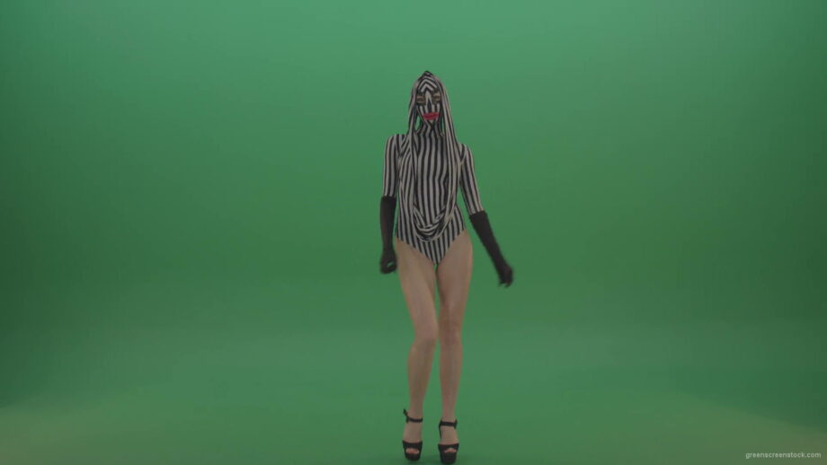 vj video background Long-legs-girl-march-in-white-black-stripe-costume-and-mask-on-green-screen-1920_003