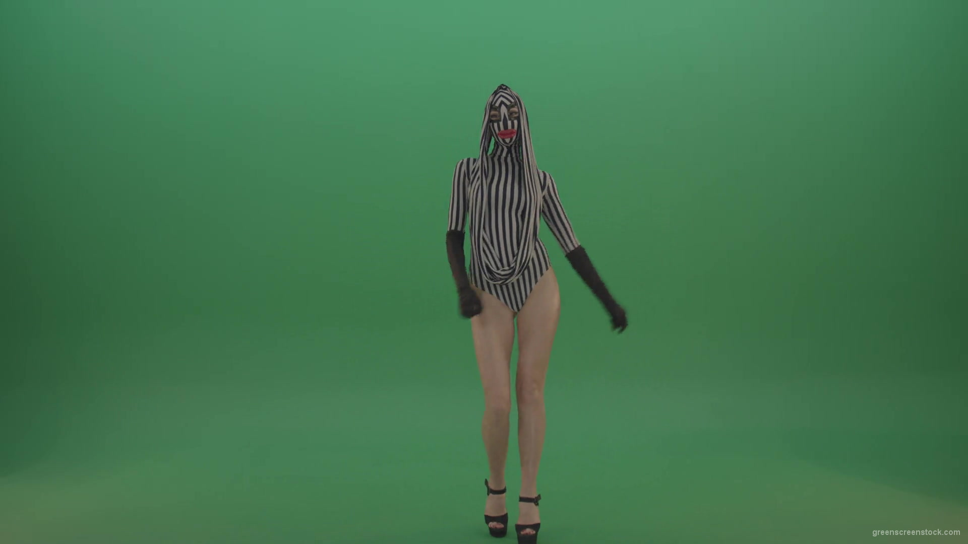 Long-legs-girl-march-in-white-black-stripe-costume-and-mask-on-green-screen-1920_004 Green Screen Stock