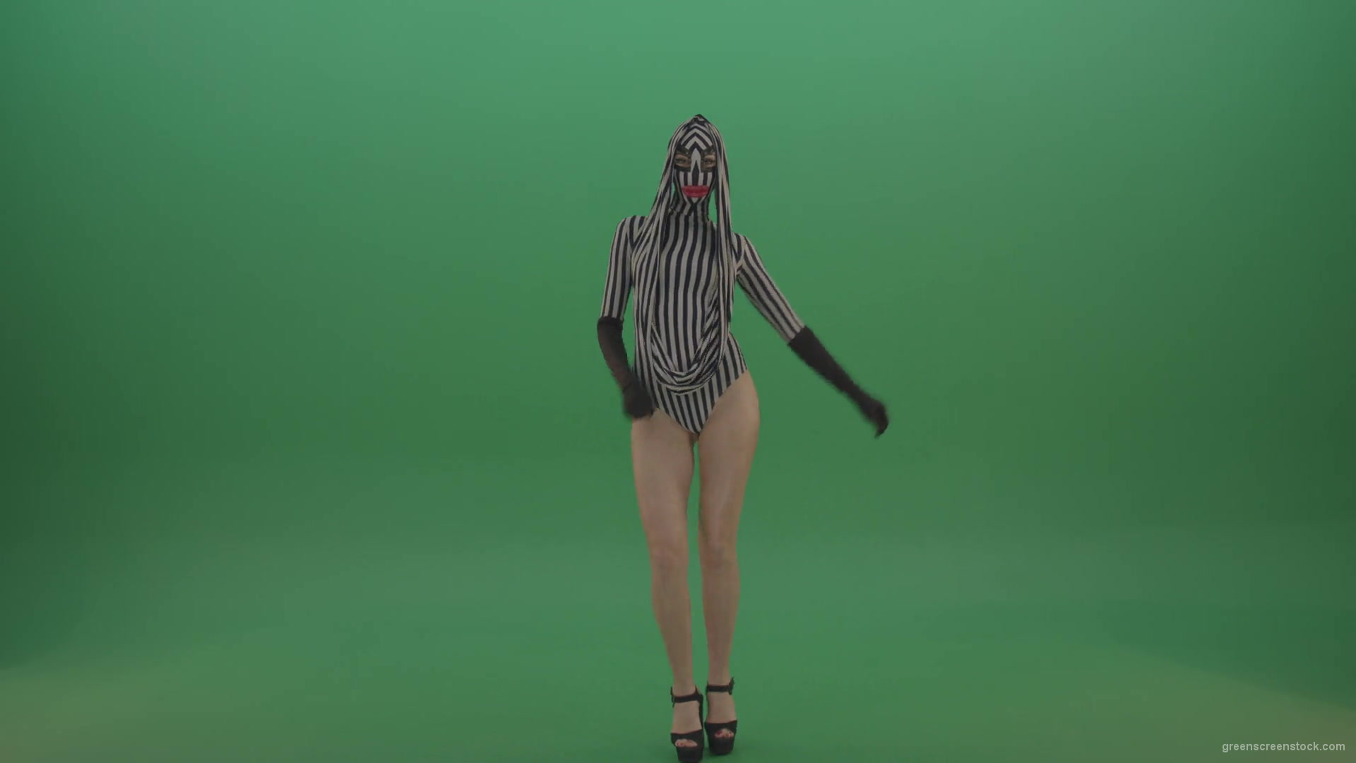 Long-legs-girl-march-in-white-black-stripe-costume-and-mask-on-green-screen-1920_006 Green Screen Stock