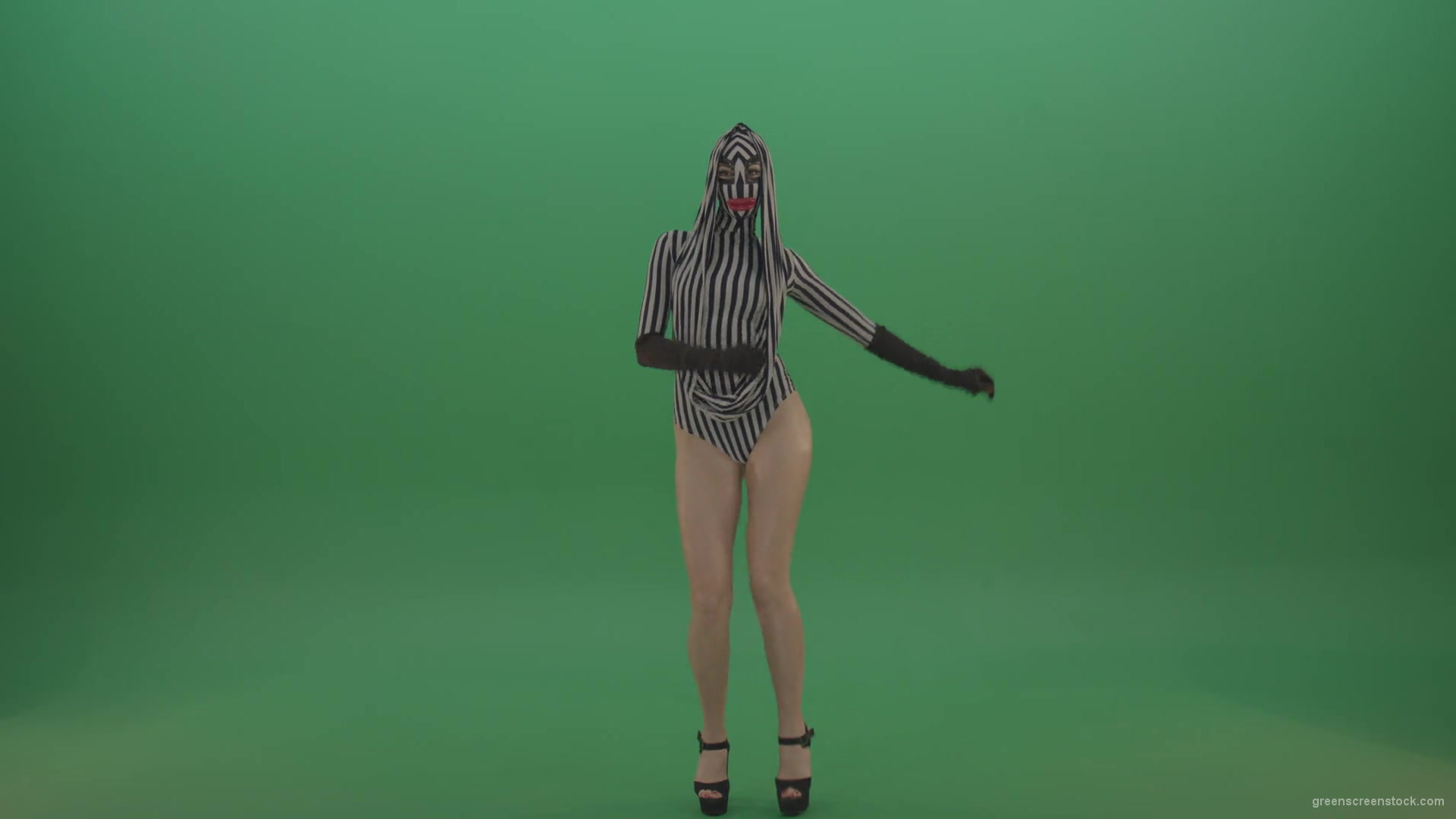 Long-legs-girl-march-in-white-black-stripe-costume-and-mask-on-green-screen-1920_007 Green Screen Stock
