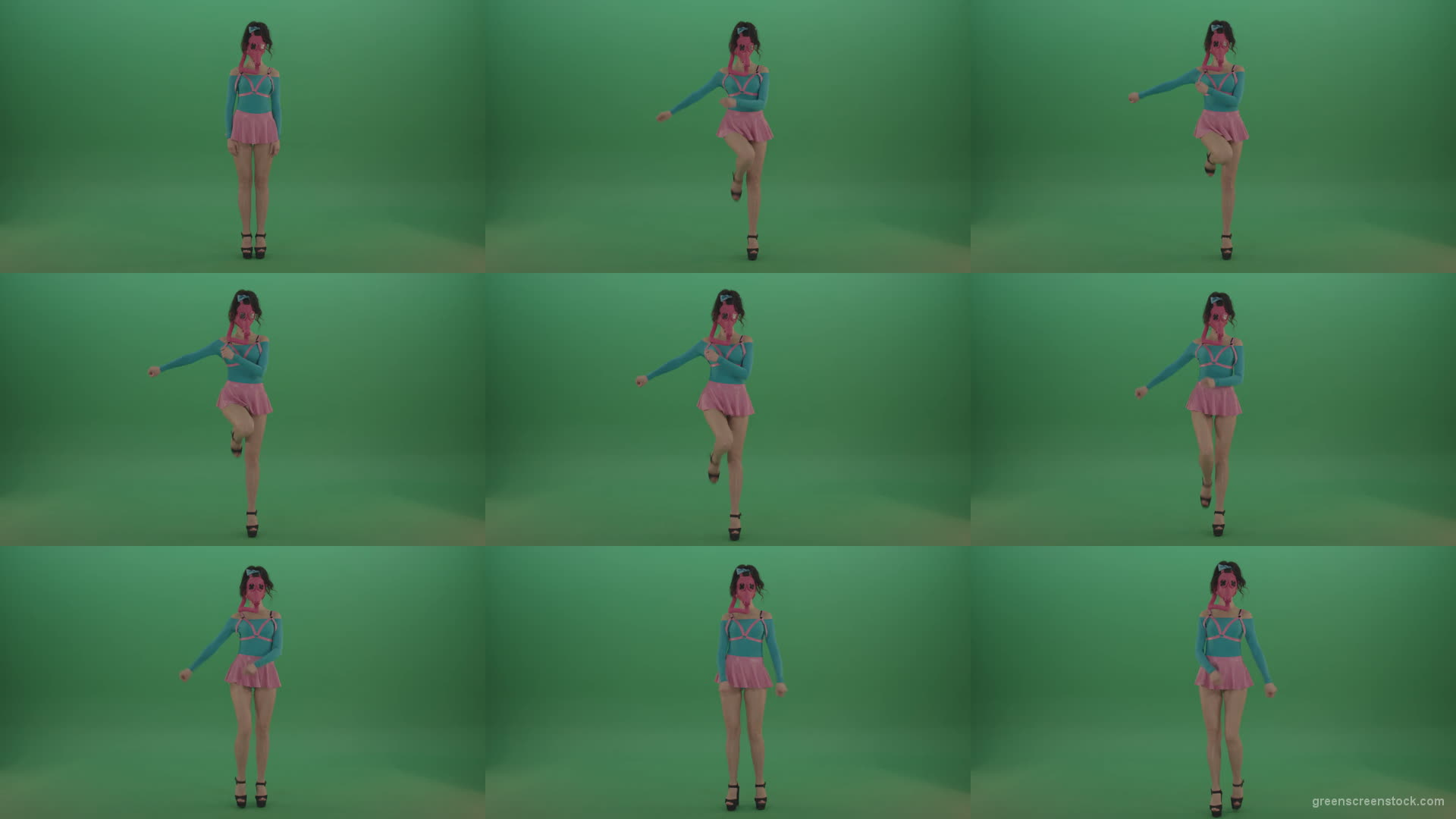 Sexy-Girl-in-Pink-Gas-Mask-marching-isolated-on-Green-Screen-4K-Video-Footage-1920 Green Screen Stock