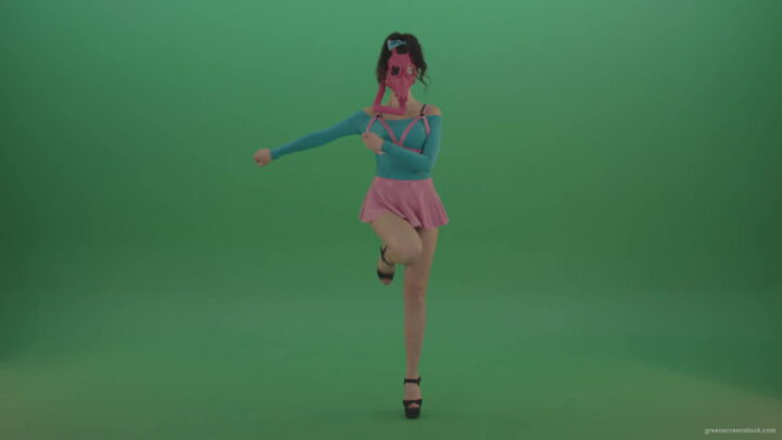 vj video background Sexy-Girl-in-Pink-Gas-Mask-marching-isolated-on-Green-Screen-4K-Video-Footage-1920_003