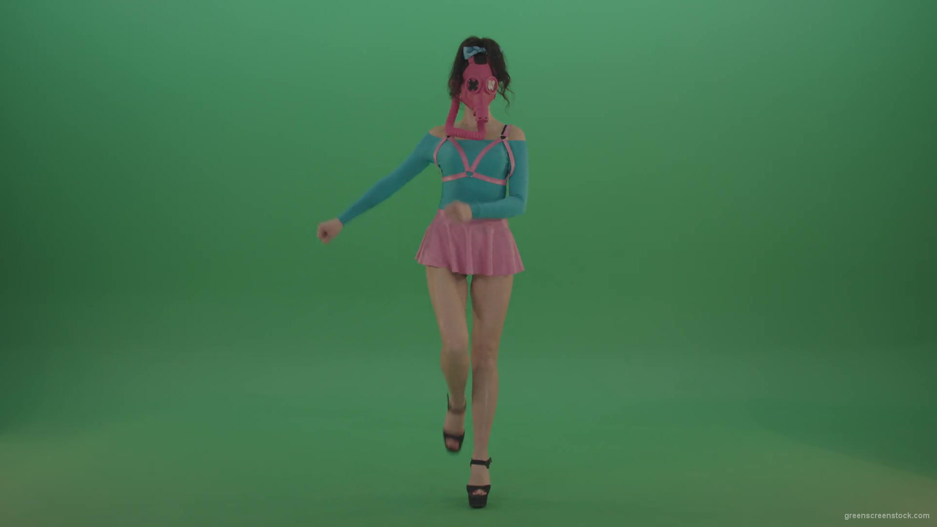 Sexy-Girl-in-Pink-Gas-Mask-marching-isolated-on-Green-Screen-4K-Video-Footage-1920_006 Green Screen Stock