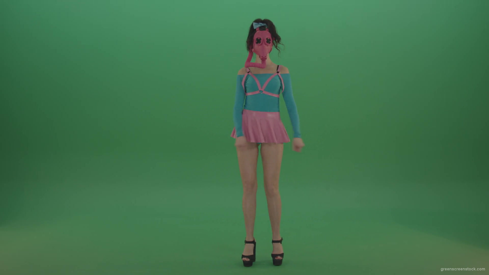 Sexy-Girl-in-Pink-Gas-Mask-marching-isolated-on-Green-Screen-4K-Video-Footage-1920_008 Green Screen Stock