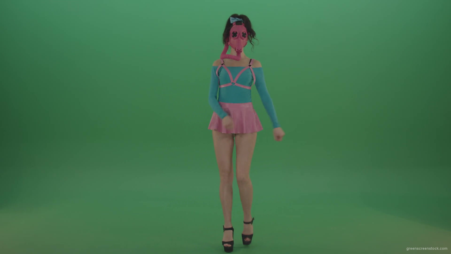 Sexy-Girl-in-Pink-Gas-Mask-marching-isolated-on-Green-Screen-4K-Video-Footage-1920_009 Green Screen Stock
