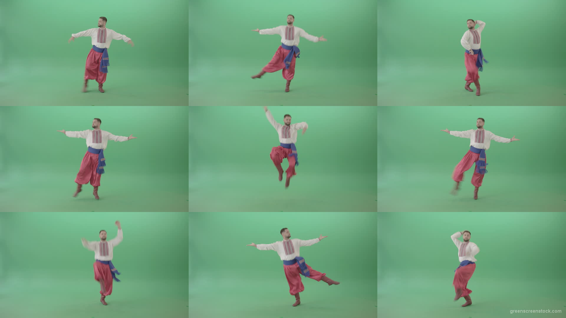 Slavic-Ukraine-folk-dance-by-UA-Cossack-man-jumping-isolated-on-Green-Background-4K-Video-Footage-1920 Green Screen Stock