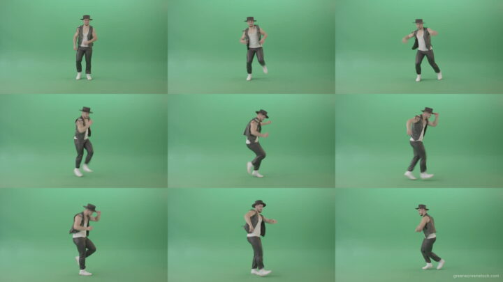 American-Man-with-beard-and-in-black-hat-dancing-Shuffle-isolated-on-Chroma-key-green-screen-4K-Video-Footage-1920 Green Screen Stock