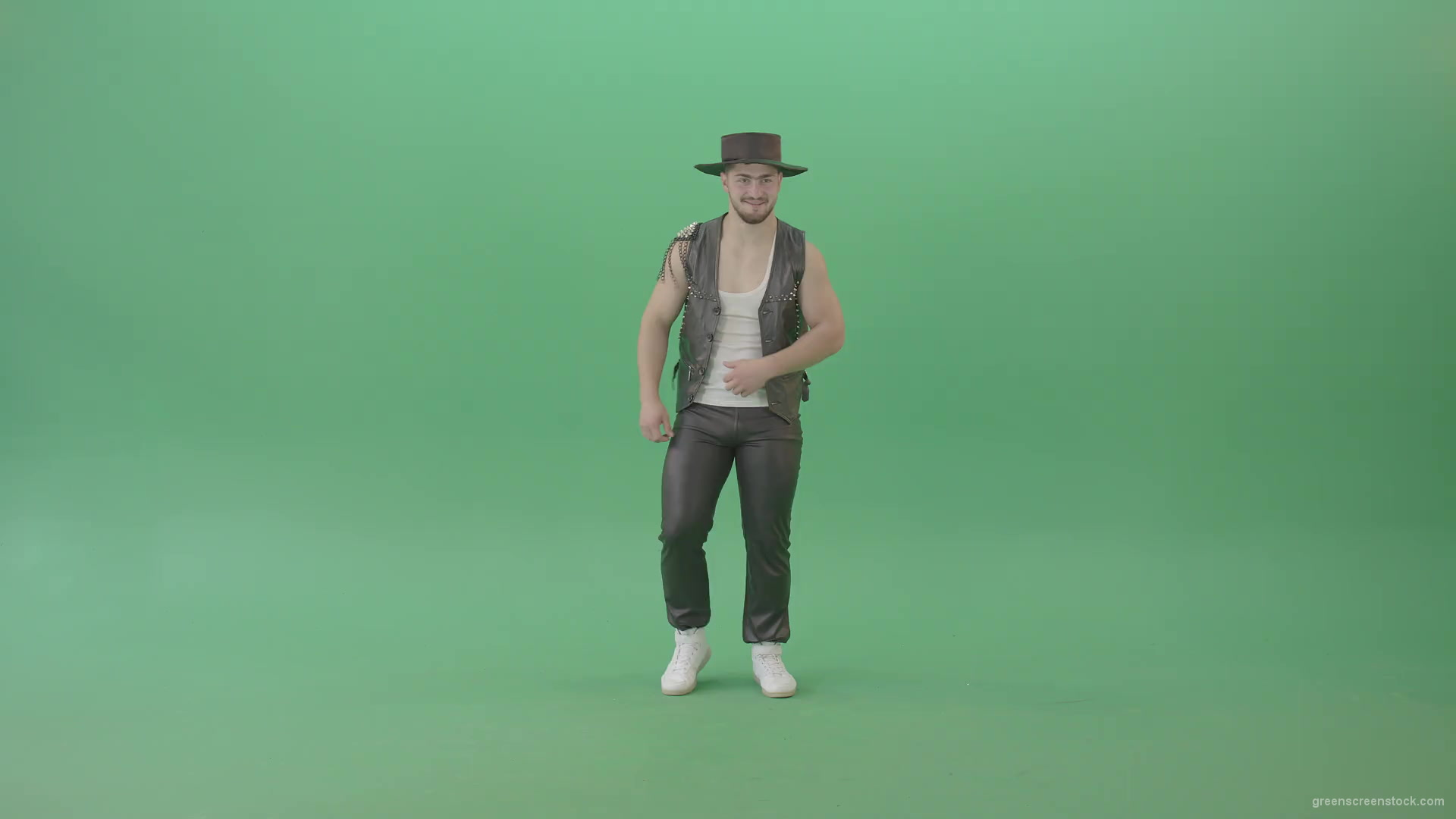 American-Man-with-beard-and-in-black-hat-dancing-Shuffle-isolated-on-Chroma-key-green-screen-4K-Video-Footage-1920_001 Green Screen Stock