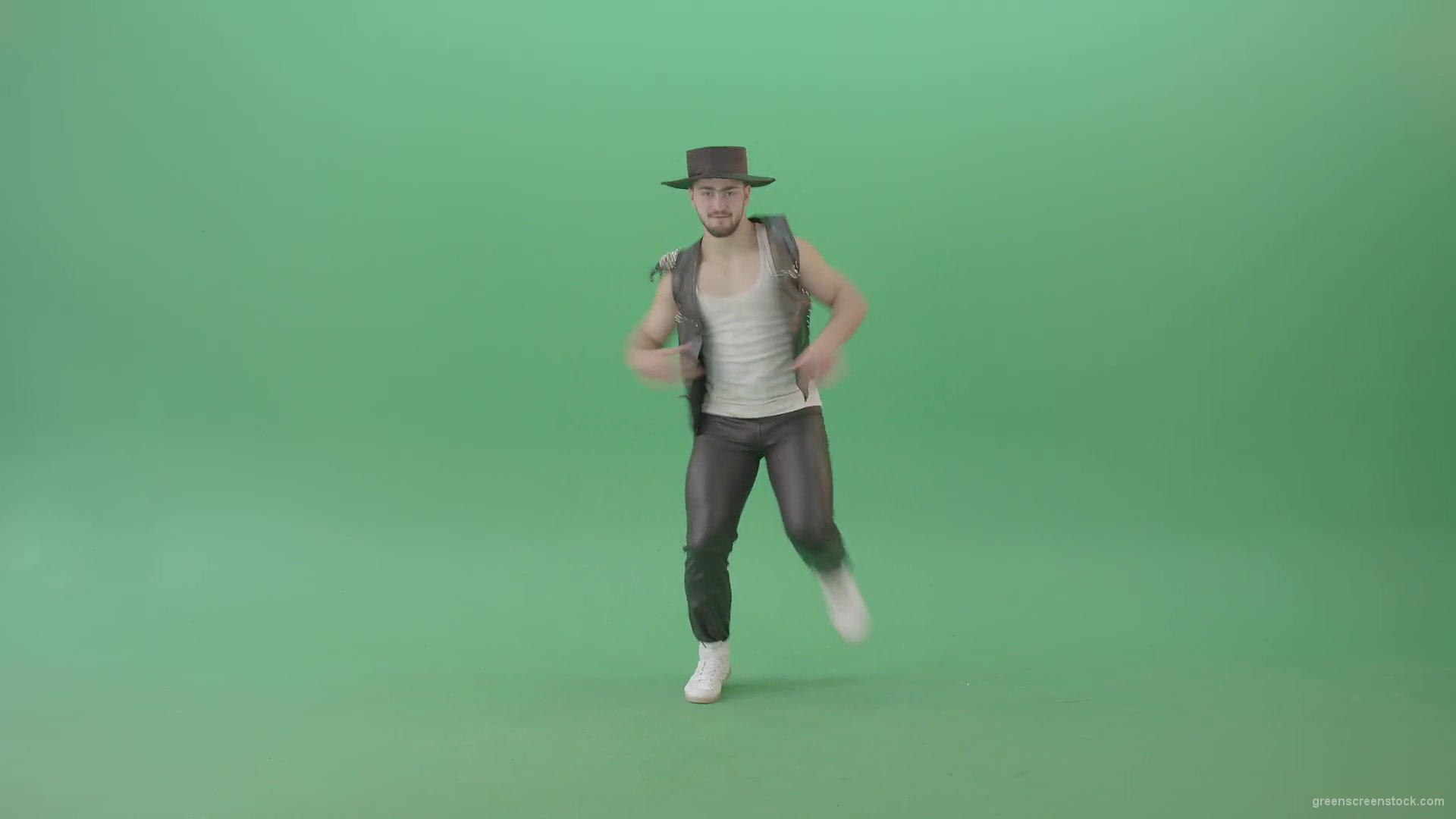 American-Man-with-beard-and-in-black-hat-dancing-Shuffle-isolated-on-Chroma-key-green-screen-4K-Video-Footage-1920_002 Green Screen Stock