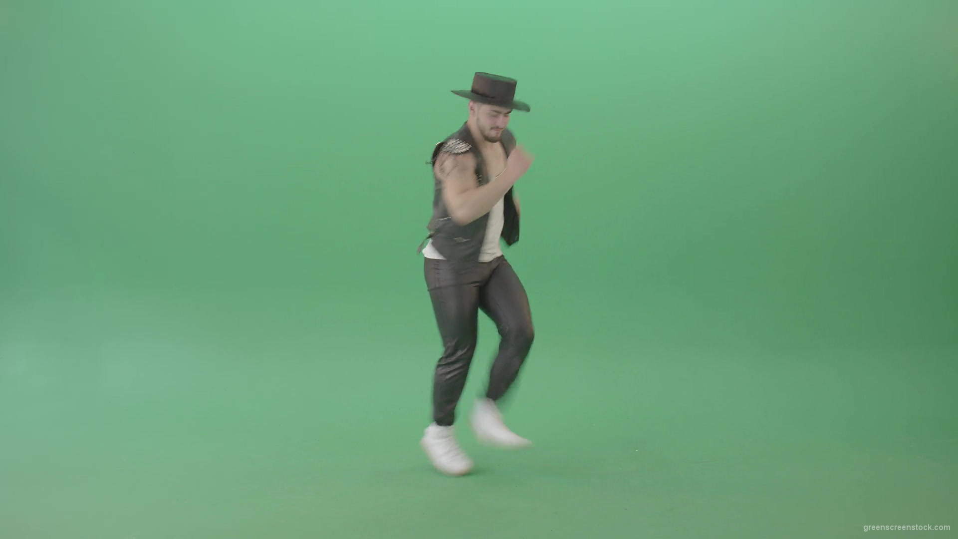 American-Man-with-beard-and-in-black-hat-dancing-Shuffle-isolated-on-Chroma-key-green-screen-4K-Video-Footage-1920_004 Green Screen Stock