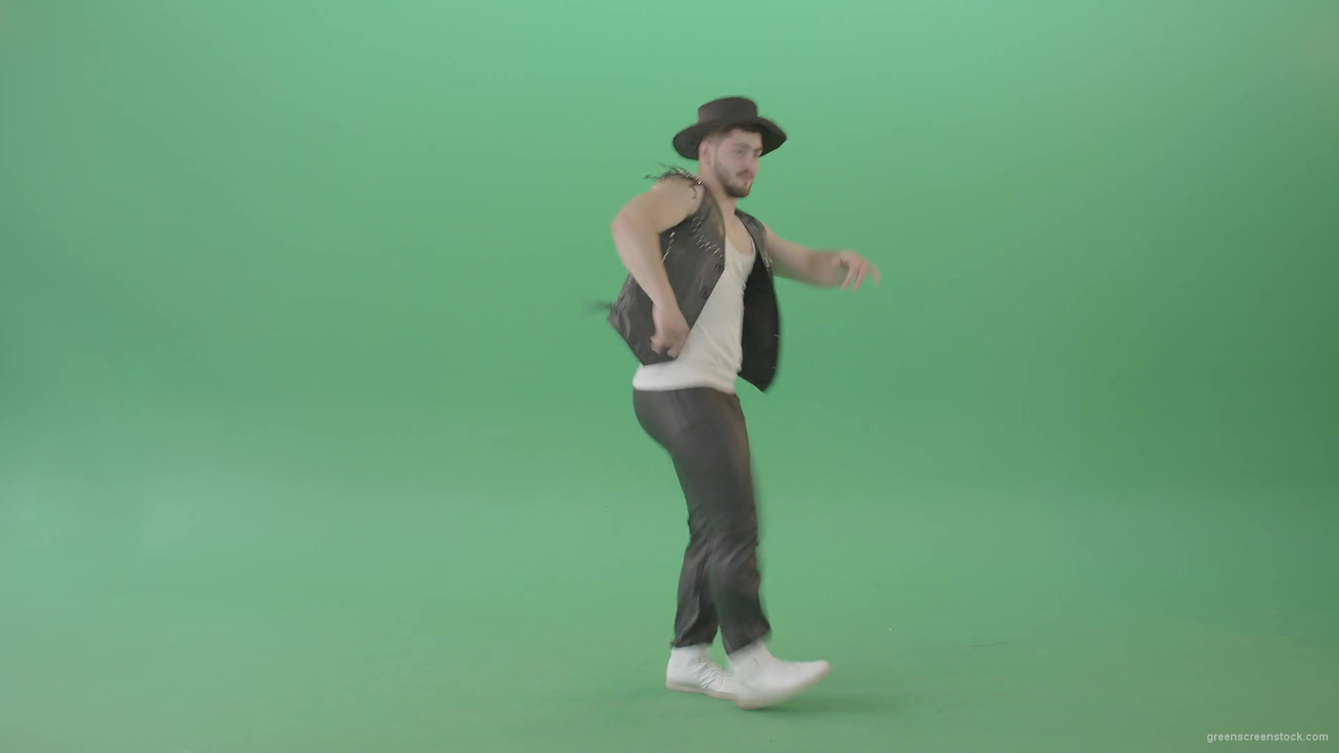 American-Man-with-beard-and-in-black-hat-dancing-Shuffle-isolated-on-Chroma-key-green-screen-4K-Video-Footage-1920_008 Green Screen Stock