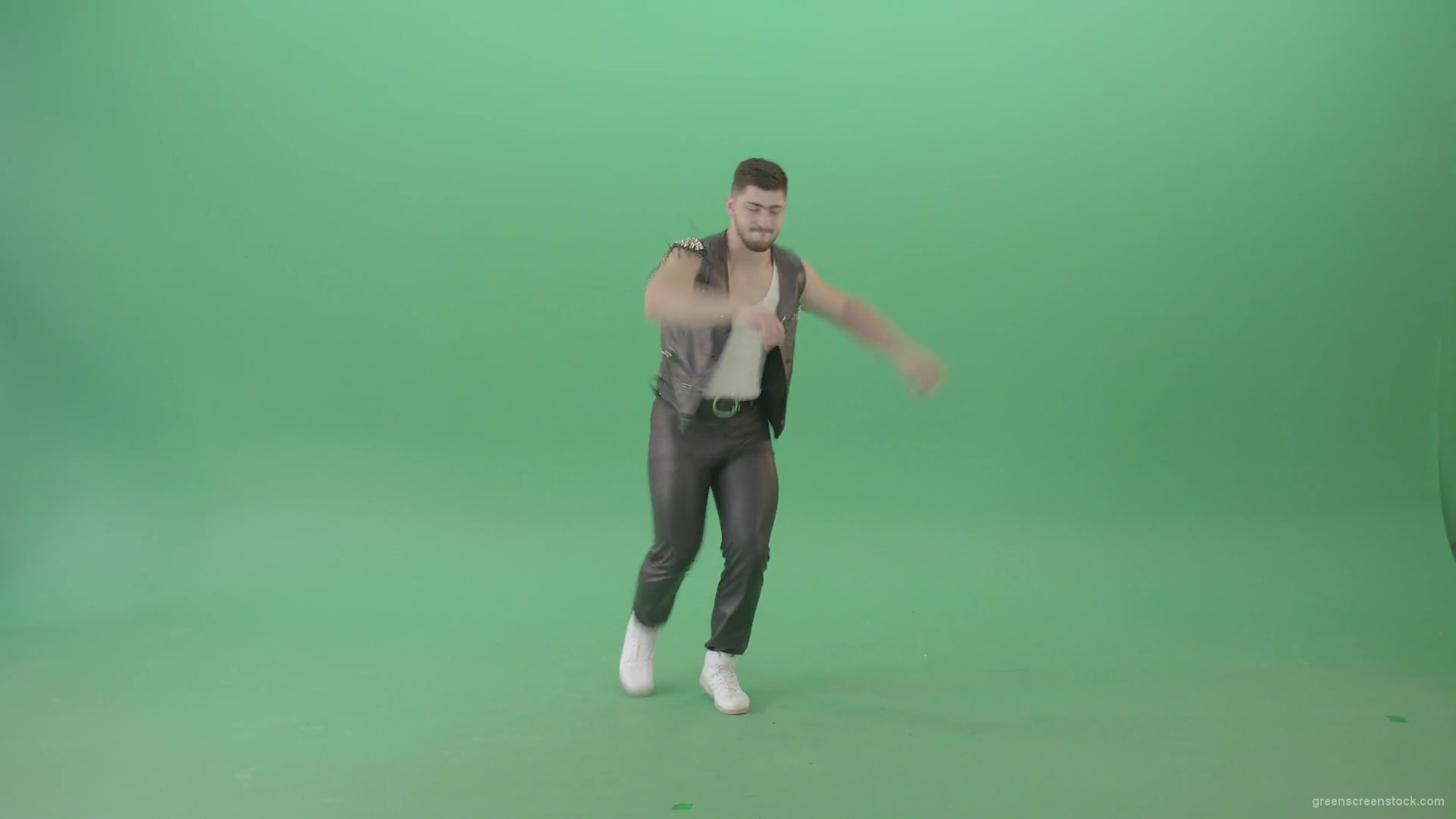 Angry-caucasian-Man-in-Black-leather-costume-dancing-Pop-Moves-on-Green-Screen-4K-Video-Footage-1920_007 Green Screen Stock