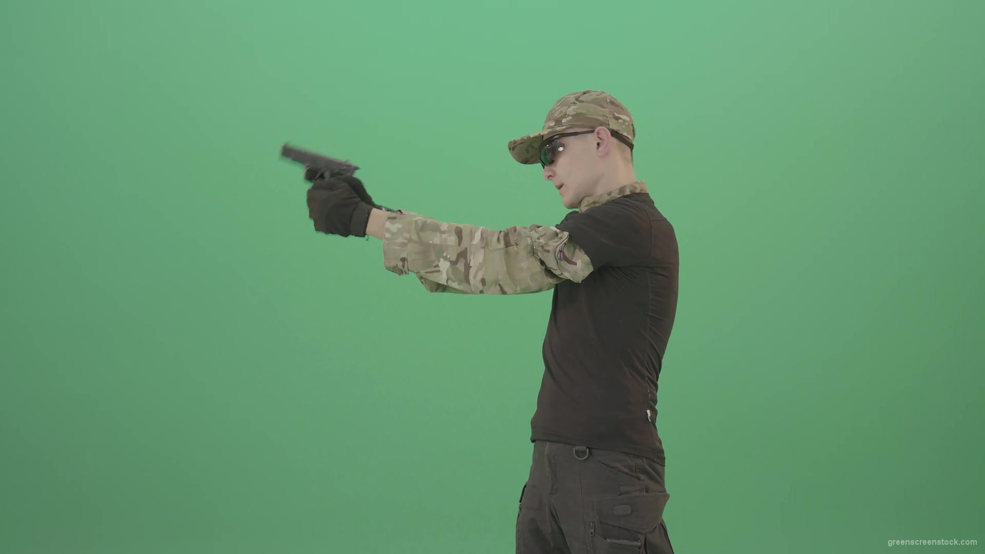 vj video background Army-Man-Assassin-shooting-with-small-gun-isolated-on-green-screen-4K-Video-Footage-1920_003