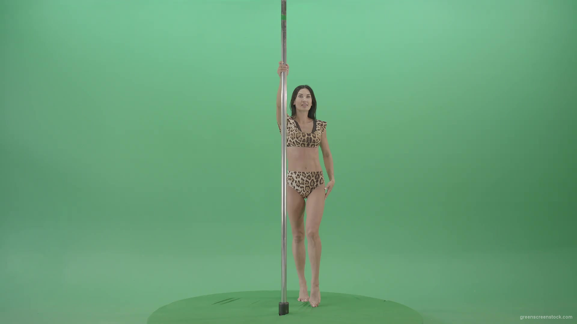 Athletic-sexy-female-model-spinning-on-pilon-in-jaguar-skin-underwear-dancing-pole-dance-on-Green-Screen-4K-Video-Footage-1920_001 Green Screen Stock
