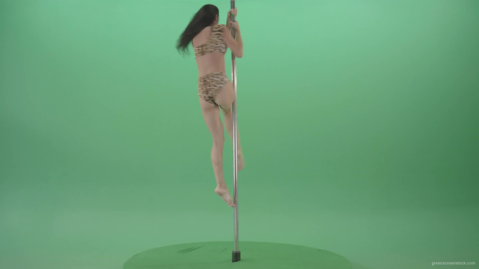 Athletic-sexy-female-model-spinning-on-pilon-in-jaguar-skin-underwear-dancing-pole-dance-on-Green-Screen-4K-Video-Footage-1920_008 Green Screen Stock