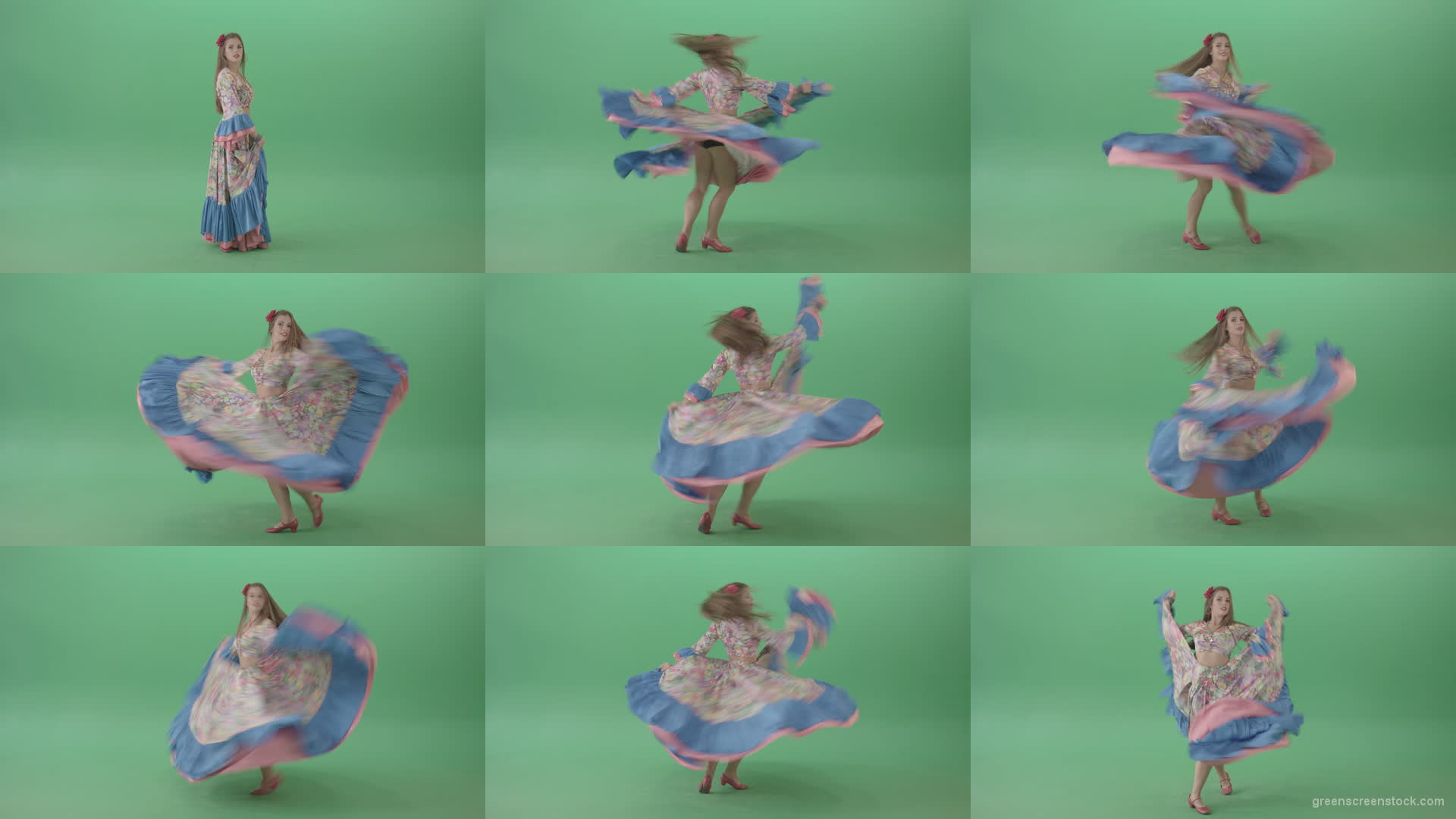 Balkan-Gipsy-Girl-spinning-and-dance-isolated-on-Green-Screen-4K-Video-Footage-1920 Green Screen Stock
